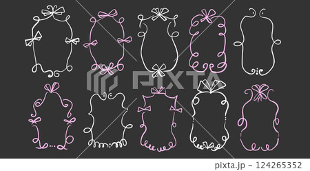 Doodle coquette frames with bows. Vintage line wavy border with ribbons set. Vector cute scribble curly rectangle and oval template foe holiday menu. Minimalistic cadre birthday hand drawn. 124265352