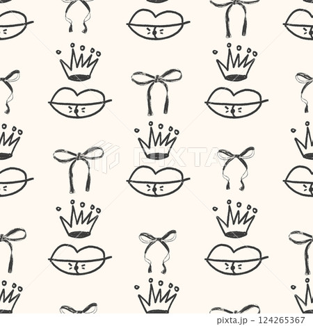 Coquette sketch seamless pattern. Girly marker endless background. Bow, crown and lips repeat cover. Crayon continuous ornament. Surface pattern design ribbon motif. Vector hand drawn illustration 124265367