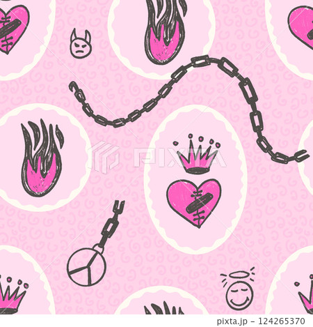 Broken heart with crown seamless pattern. Coquette urban marker flame, chain endless background. Crayon oval scallop border continuous ornament. Surface pattern girly. Vector hand drawn illustration Broken heart with crown seamless pattern. Coquette urban marker flame, chain endless background. Crayon oval scallop border continuous ornament. Surface pattern girly. Vector hand drawn illustration 124265370