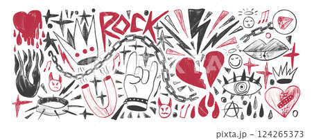 Rock and roll girly crayon drawn set. Punk charcoal breaking heart doodle background. Scribble grunge poster elements. Heart, crown and sketch graffiti art. Vector illustration by pencil isolated Rock and roll girly crayon drawn set. Punk charcoal breaking heart doodle background. Scribble grunge poster elements. Heart, crown and sketch graffiti art. Vector illustration by pencil isolated 124265373