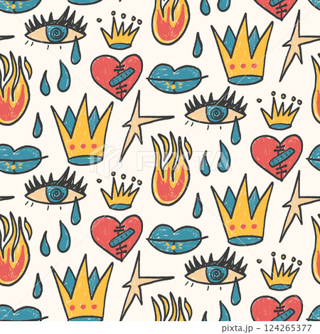 Crayon girly seamless pattern. Graffiti doodle marker endless background. Naive scribble fire, crown and eyes repeat cover. Vector hand drawn scribble illustration 124265377