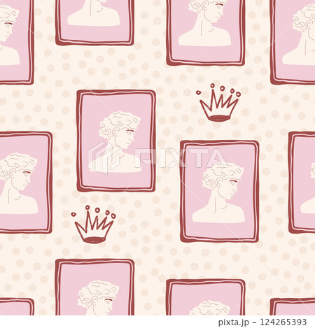 Greek statues portrait seamless pattern. Antique Roman goddess face sculpture on retro frame endless aop background. Rococo crayon crown surface pattern design motif. Vector hand drawn illustration Greek statues portrait seamless pattern. Antique Roman goddess face sculpture on retro frame endless aop background. Rococo crayon crown surface pattern design motif. Vector hand drawn illustration 124265393