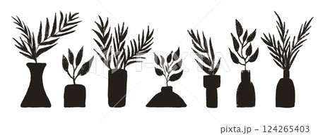 Vase with plant silhouette charcoal set. Flowerpot with leaves crayon pack. Vector hand drawn geometric simple collection illustration isolated on white background Vase with plant silhouette charcoal set. Flowerpot with leaves crayon pack. Vector hand drawn geometric simple collection illustration isolated on white background 124265403