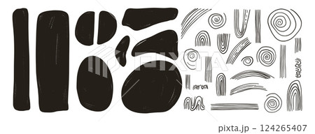 Ink rough geometric figures silhouette set. Semicircle, rectangle chalk and boho arch. Abstract japandi decor. Vector irregular shapes zen aesthetic. Hand drawn illustration on white background 124265407