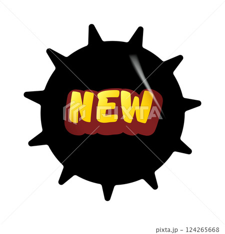 Black NEW vip modern round sticker with golden text isolated on white. Vip style black sticker, sale sticker, price tag, retro label, sale or discount sticker, promotional badge set, shopping label 124265668