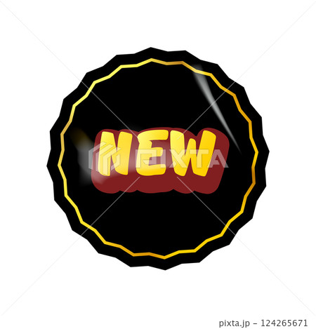 Black NEW vip modern round sticker with golden text isolated on white. Vip style black sticker, sale sticker, price tag, retro label, sale or discount sticker, promotional badge set, shopping label 124265671