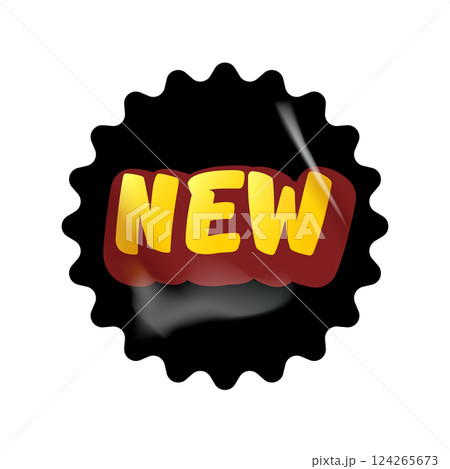 Black NEW vip modern round sticker with golden text isolated on white. Vip style black sticker, sale sticker, price tag, retro label, sale or discount sticker, promotional badge set, shopping label 124265673