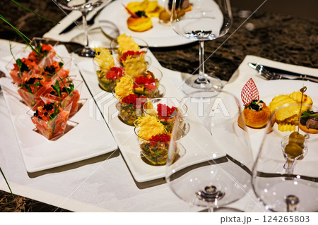 Elegant gourmet appetizer arrangement featuring salmon tartare cups, caviar bites 124265803