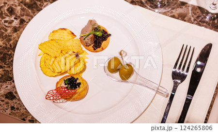 Elegant gourmet appetizers served on white porcelain. 124265806