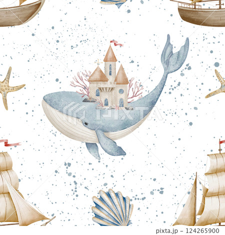 Watercolor seamless Pattern with large blue Whale carrying a Castle on its back, surrounded by ships and marine elements. Illustration of ornament for childish textile design or baby wallpaper. Watercolor seamless Pattern with large blue Whale carrying a Castle on its back, surrounded by ships and marine elements. Illustration of ornament for childish textile design or baby wallpaper. 124265900