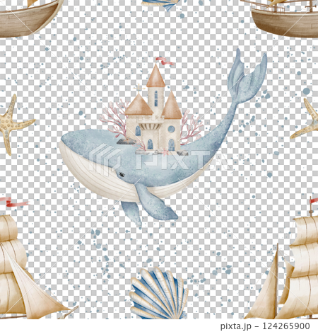 Watercolor seamless Pattern with large blue Whale carrying a Castle on its back, surrounded by ships and marine elements. Illustration of ornament for childish textile design or baby wallpaper. Watercolor seamless Pattern with large blue Whale carrying a Castle on its back, surrounded by ships and marine elements. Illustration of ornament for childish textile design or baby wallpaper. 124265900