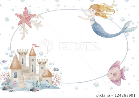 Watercolor Template with mermaid, fish, and an underwater castle. Illustration for kids invitations, childish greeting cards, or baby posters. Marine frame with underwater life for backgrounds. Watercolor Template with mermaid, fish, and an underwater castle. Illustration for kids invitations, childish greeting cards, or baby posters. Marine frame with underwater life for backgrounds. 124265901