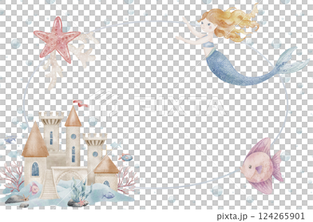 Watercolor Template with mermaid, fish, and an underwater castle. Illustration for kids invitations, childish greeting cards, or baby posters. Marine frame with underwater life for backgrounds. Watercolor Template with mermaid, fish, and an underwater castle. Illustration for kids invitations, childish greeting cards, or baby posters. Marine frame with underwater life for backgrounds. 124265901