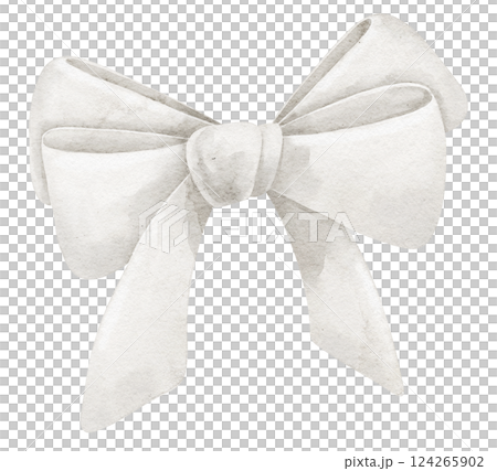 Watercolor illustration of a white fabric Bow. Drawing of Ribbon for childish greeting cards or baby shower invitations. Art for wedding decorations in pastel colors. Sketch of elegant knot. 124265902
