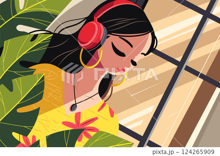 Colorful illustration of a woman listening to music with headphones, radiating joy. Design features vibrant sound waves and a modern flat style, perfect for themes of music, relaxation, and enjoyment 124265909