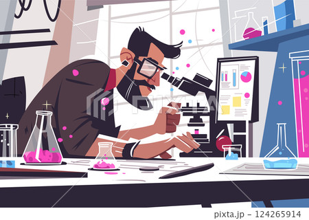 Simple flat vector illustration of male scientist in laboratory. He is surrounded by scientific equipment and test tubes, showcasing a modern and clean design that emphasizes research and innovation. 124265914