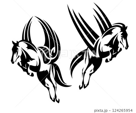 magic pegasus winged horse flying forward black and white vector design 124265954
