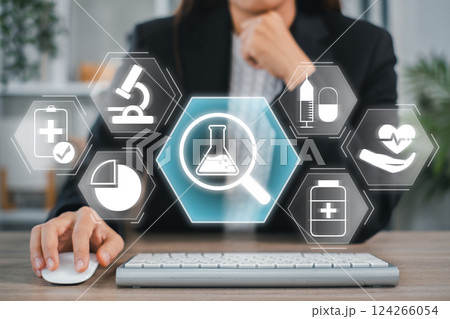 Explore the future of healthcare with this image showcasing clinical research and digital technology in a modern lab environment. 124266054