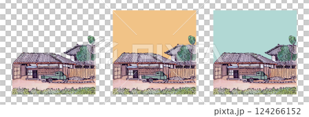 手繪水彩昭和復古鄉村風景集向量插圖廣場無背景鄉村瓦屋頂 124266152