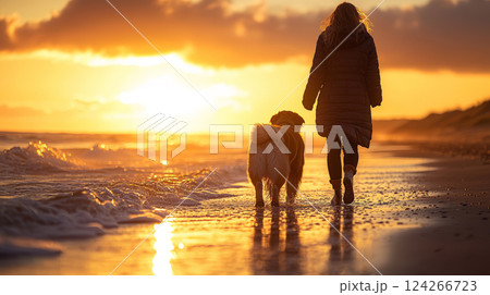 A breathtaking scene of a person walking along a serene beach at sunset, accompanied by a majestic large dog. Generative AI 124266723