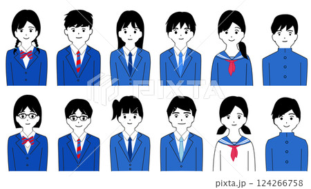 制服を着た男女の学生の笑顔のアバターセット 124266758