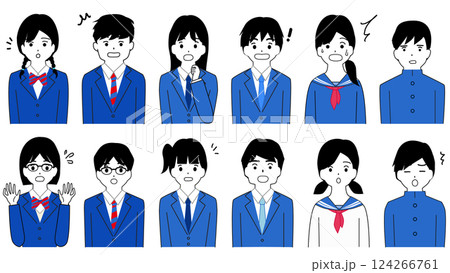 驚いた顔の男女の学生のアバターイラストセット 124266761