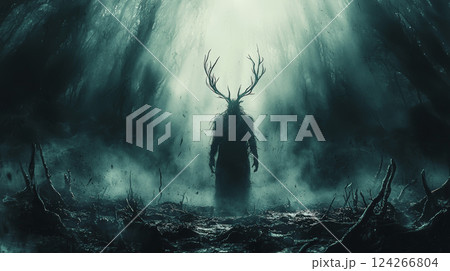 A haunting fantasy concept art of an evil deer-man warrior standing amidst a desolate forest of black, twisted trees and exposed roots. Generative AI 124266804