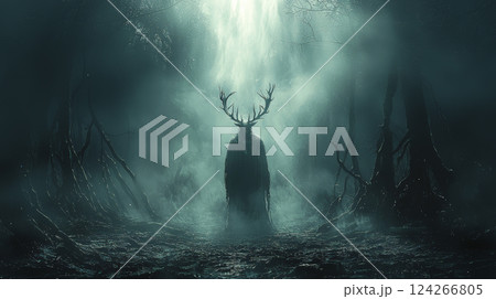 A haunting fantasy concept art of an evil deer-man warrior standing amidst a desolate forest of black, twisted trees and exposed roots. Generative AI 124266805