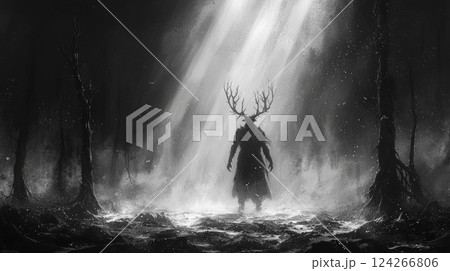 A haunting fantasy concept art of an evil deer-man warrior standing amidst a desolate forest of black, twisted trees and exposed roots. Generative AI 124266806