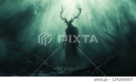 A haunting fantasy concept art of an evil deer-man warrior standing amidst a desolate forest of black, twisted trees and exposed roots. Generative AI 124266807