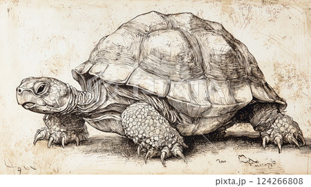 A beautifully crafted hand-drawn turtle illustration, capturing the intricate details of its shell, limbs, and expressive face. Generative AI 124266808