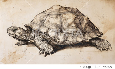 A beautifully crafted hand-drawn turtle illustration, capturing the intricate details of its shell, limbs, and expressive face. Generative AI 124266809