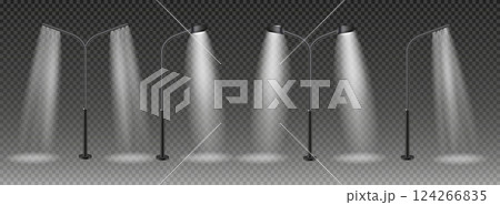 3d vector Modern and vintage city street lights row working at night. Urban electrical lightning system. Glowing retro lampposts 124266835