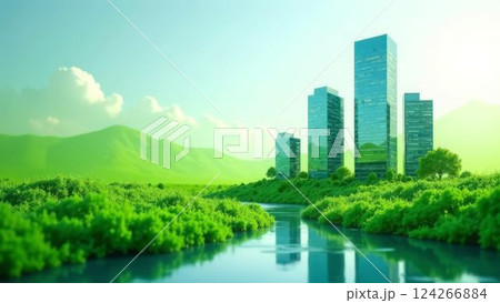 Harmonizing Nature and Urban Development: Eco-Friendly Cityscape Along a Tranquil River 124266884