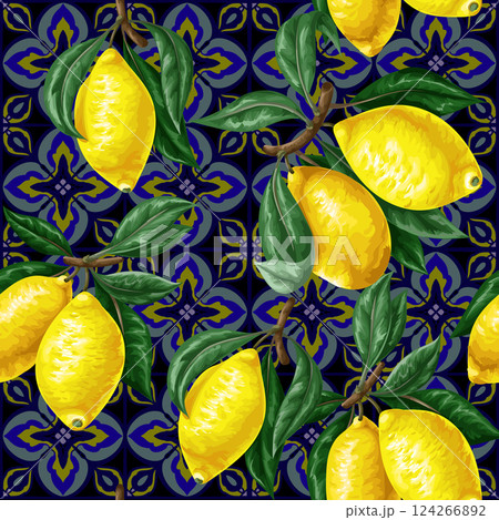 Seamless pattern with lemons and blue ornament. Vector Seamless pattern with lemons and blue ornament. Vector 124266892