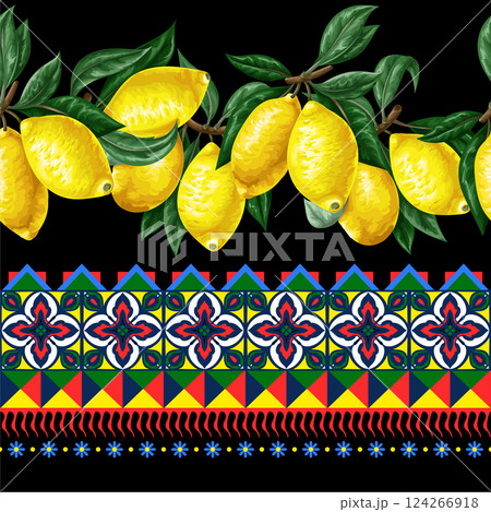 Seamless pattern with lemons and vivid tile ornament. Vector. 124266918