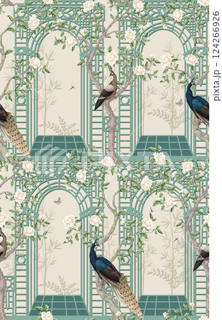 Seamless pattern with peacocks, peonies and alcove in chinoiserie style. Vector. 124266926