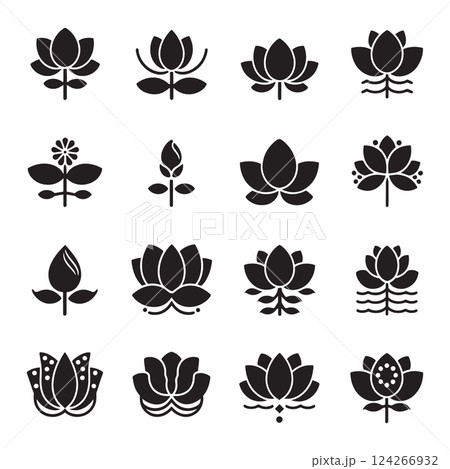 black lotus icons set on white background. Lotus plant. Lotus flower 124266932
