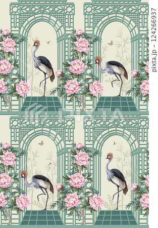 Seamless pattern with herons, peonies and alcove in chinoiserie style. Vector. Seamless pattern with herons, peonies and alcove in chinoiserie style. Vector. 124266937