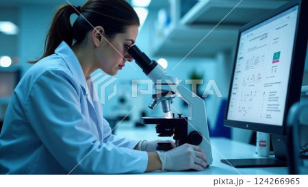 focused female scientist using microscope in modern laboratory, concept of medical research and biotechnology 124266965