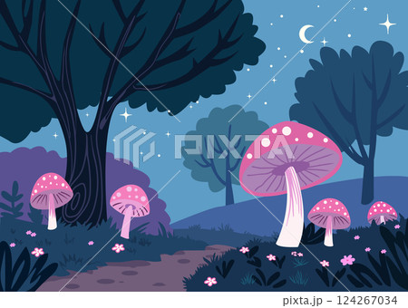 Wild wood fantasy background with mushrooms Fly agaric 124267034