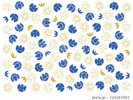 ふくら雀文様の背景模様イラスト（青と金） 124267081