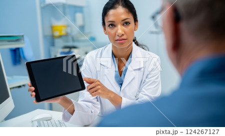 A close-up of a physician holding a tablet, explaining test results to a patient 124267127