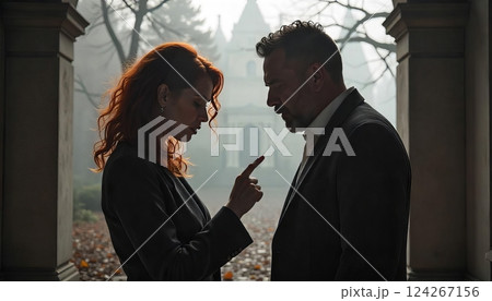 portrait of stressed woman and her husband on background, argument, dysfunctional relationships portrait of stressed woman and her husband on background, argument, dysfunctional relationships 124267156