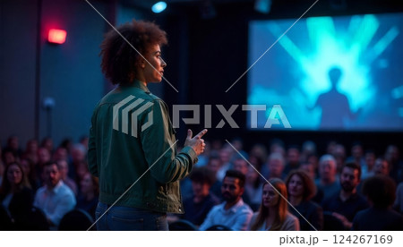 Inspiring keynote speech on technology and inclusion at a conference in a modern venue Inspiring keynote speech on technology and inclusion at a conference in a modern venue 124267169