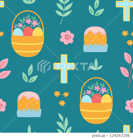 Festive Easter seamless pattern with Easter basket Festive Easter seamless pattern with Easter basket 124267206