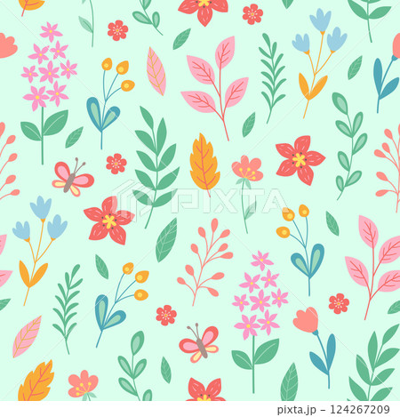 Seamless pattern with flowers and leaves. 124267209