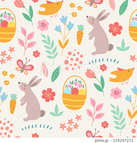 Seamless pattern with Easter bunny, basket and eggs. Seamless pattern with Easter bunny, basket and eggs. 124267211