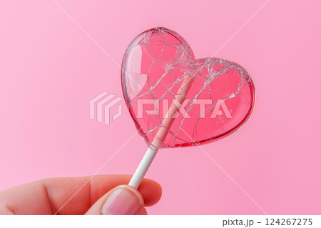 Hand holding a cracked pink heart lollipop against a pastel pink background. Saint Valentine's Day, heart broke, loneliness concept 124267275