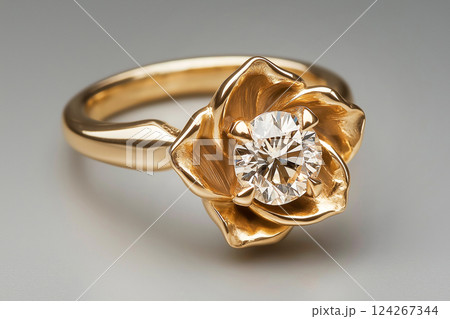 Elegant gold ring with a brilliant diamond on a neutral background. Beautiful diamond ring in a gold setting, showcasing elegance and sophistication. Luxury jewelry closeup 124267344